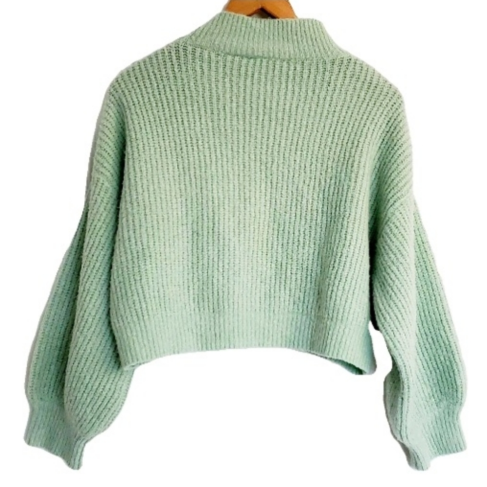 Line & Dot Mint Green Cropped Cozy Sweater Bishop Ballon Sleeve - Picture 4 of 5